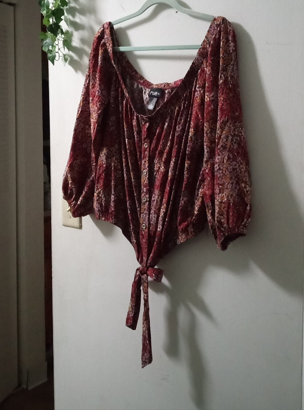 Rue Floral Tie-Front Peasant Blouse - Burgundy Multi